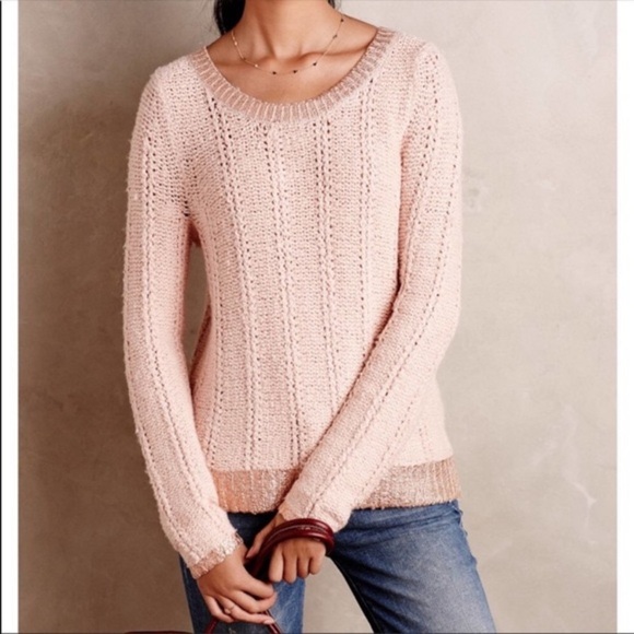 Anthro Moth Metallic Gold Wool Blend Rose Pink Chunky Open Knit Pullover Sweater - Picture 2 of 9